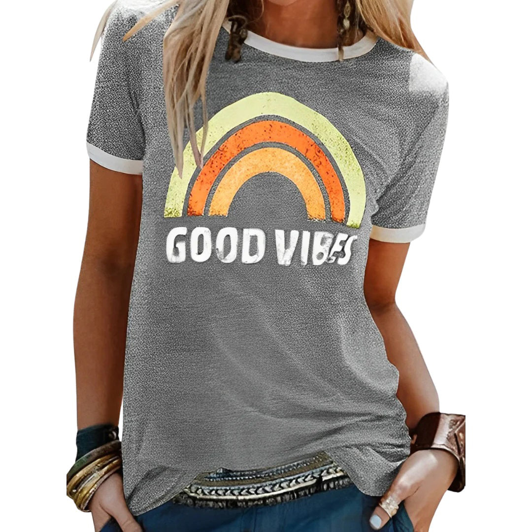 T-shirt femme imprimé rétro – Slogan "Good Vibes", coupe décontractée, col rond
