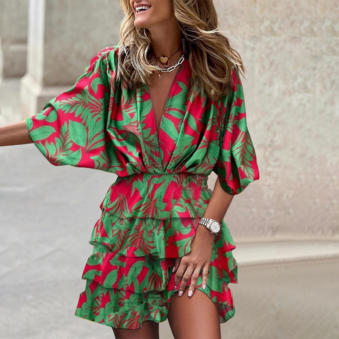 Ensemble Femme Estival – Haut Kimono à Manches Chauve-souris et Short à Volants Imprimé Géométrique