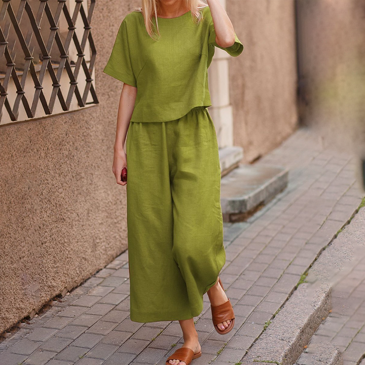 Ensemble Femme Lin Décontracté – Haut Court & Pantalon Large Taille Élastique