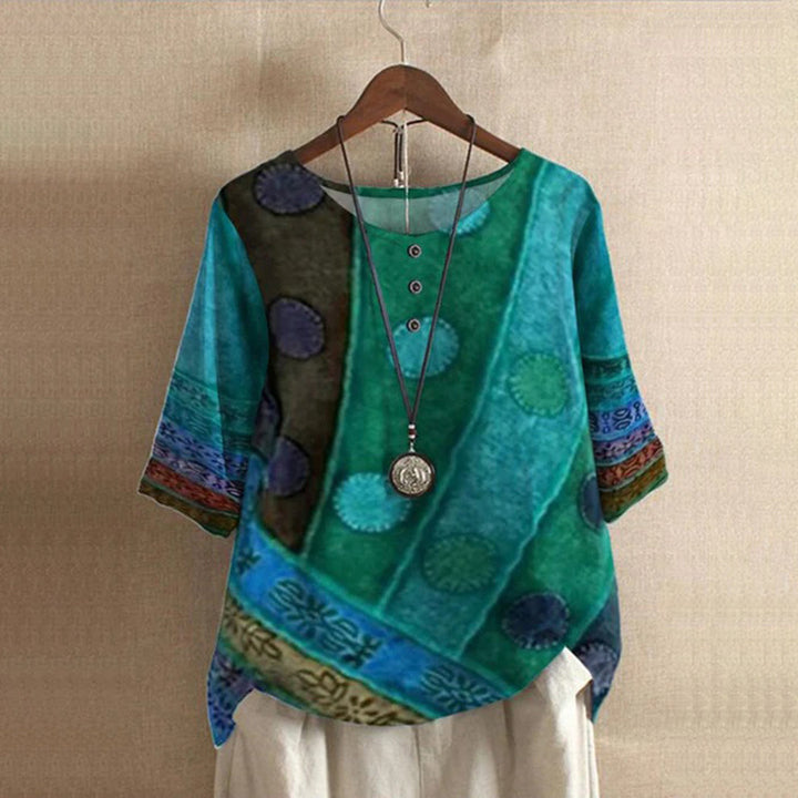 Blouse bohème femme manches 3/4 – Imprimé patchwork ethnique, col rond boutonné