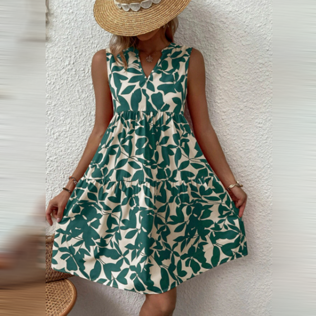 Robe Courte Évasée Femme – Sans Manches & Imprimé Feuilles – Parfaite pour Été & Vacances