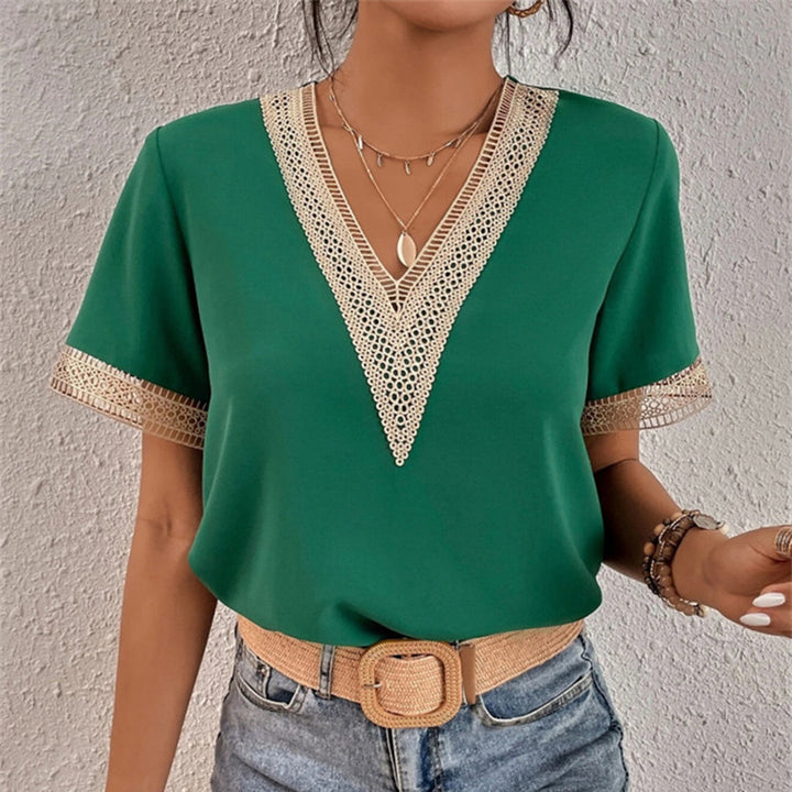 Blouse femme col V en crochet – Chic d'été, manches courtes, style bohème élégant