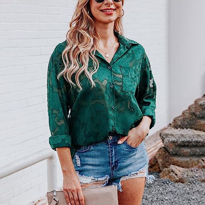 Chemise noire femme transparente – Blouse légère à manches longues, col chemise, boutonnée