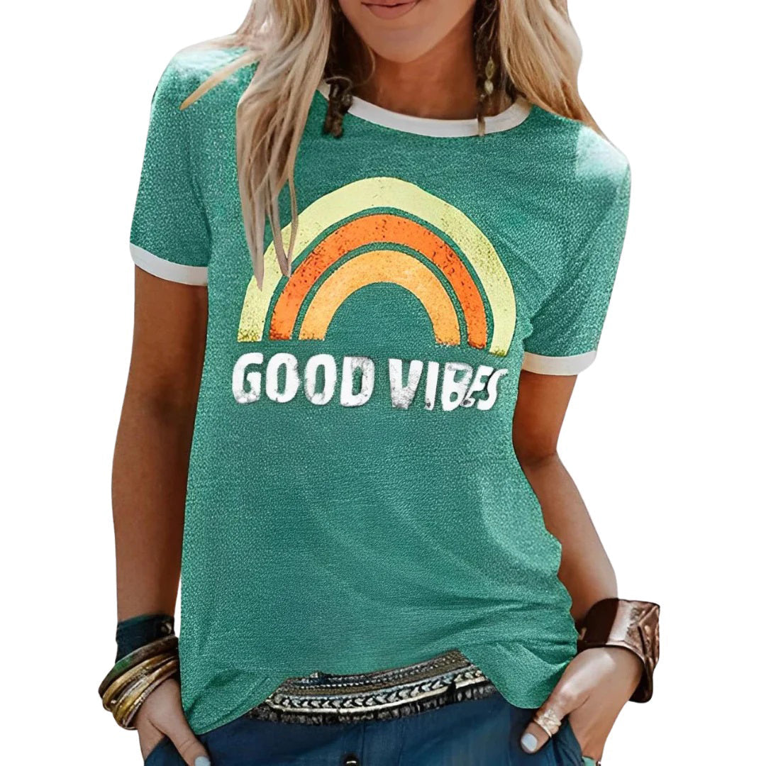 T-shirt femme imprimé rétro – Slogan "Good Vibes", coupe décontractée, col rond
