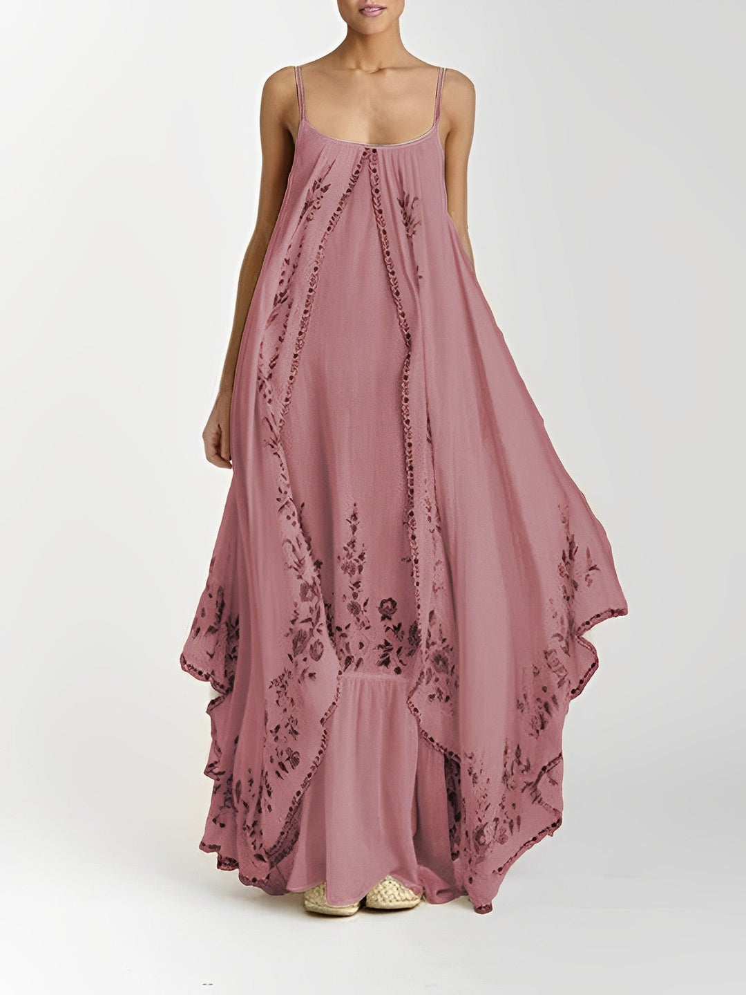Robe Longue Bohème Femme – Bretelles Fines & Superposition Fluide – Broderies Florales Artisanales