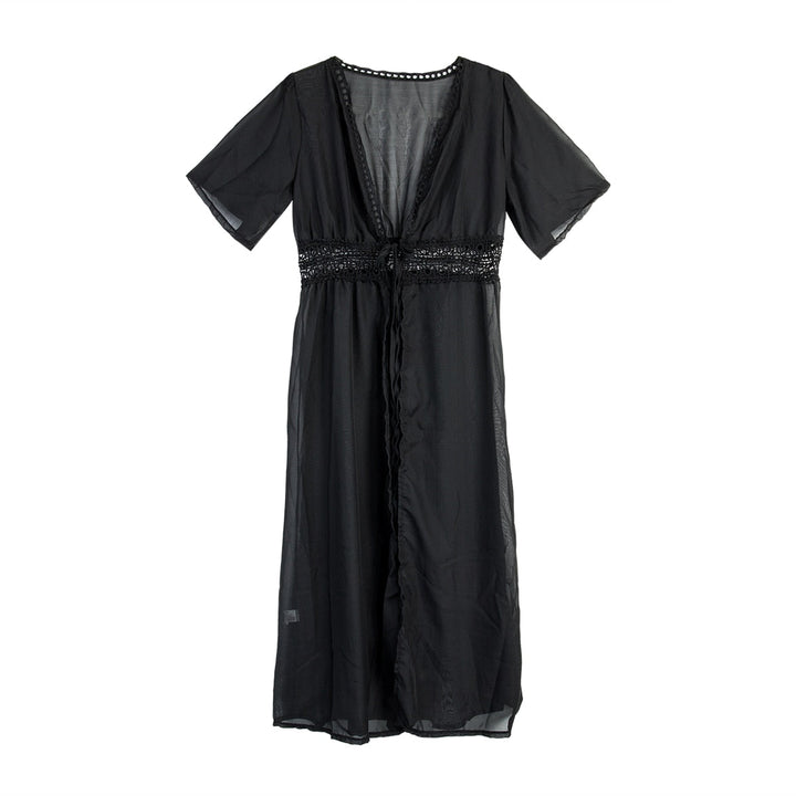Robe de Plage Longue Femme – Kimono Transparent avec Dentelle et Fente Frontale