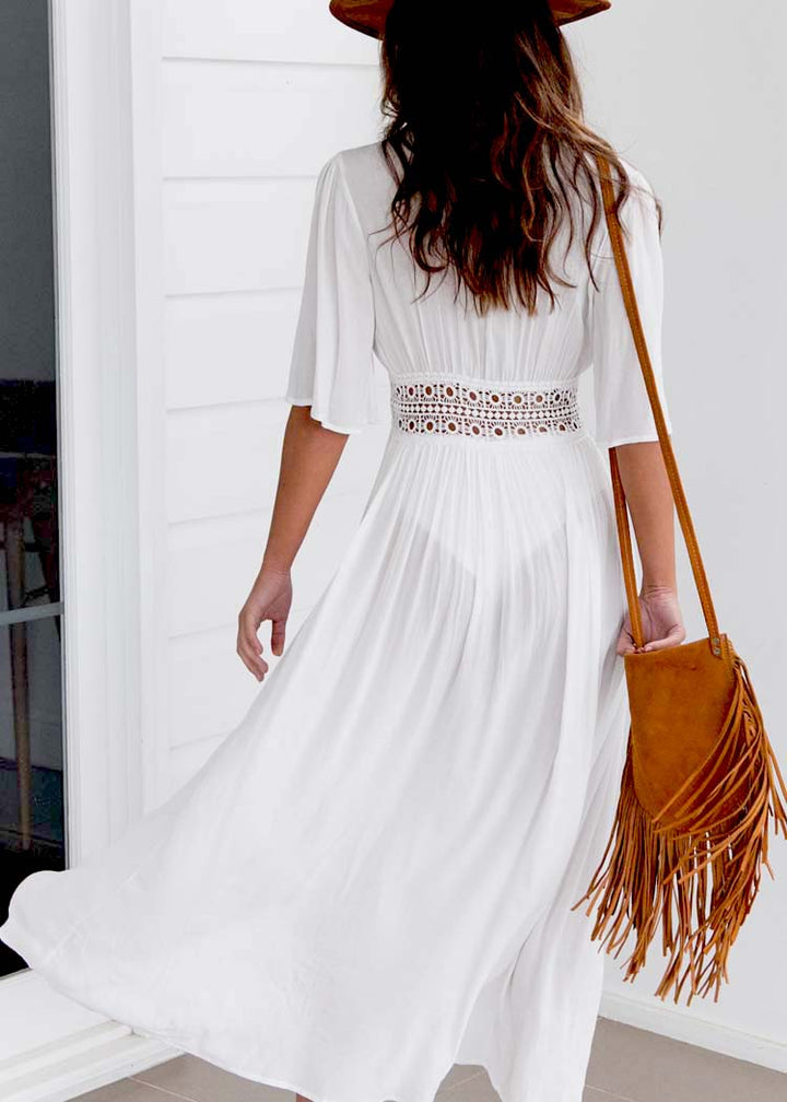 Robe de Plage Longue Femme – Kimono Transparent avec Dentelle et Fente Frontale