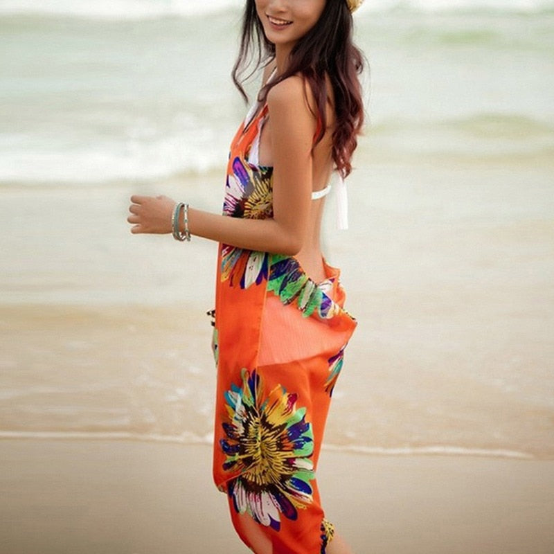 Robe de Plage Fluide à Bretelles et Imprimé Floral Tropical Femmes