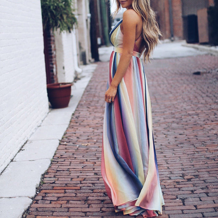 Femmes Robe Col V Rayée Multicolore | Maxi