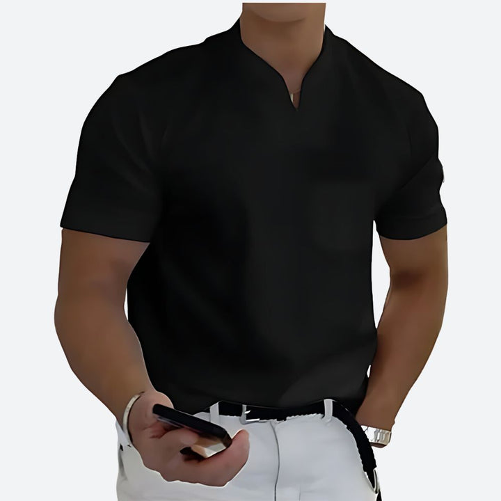 T-shirt Homme Col Tunisien Fendu – Manches Courtes – Look Chic Décontracté – Tissu Léger & Confortable