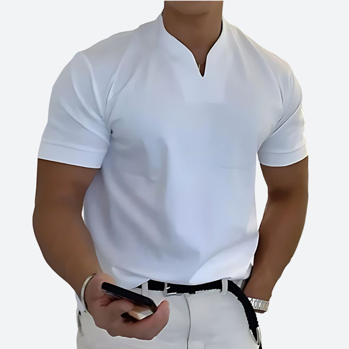 T-shirt Homme Col Tunisien Fendu – Manches Courtes – Look Chic Décontracté – Tissu Léger & Confortable