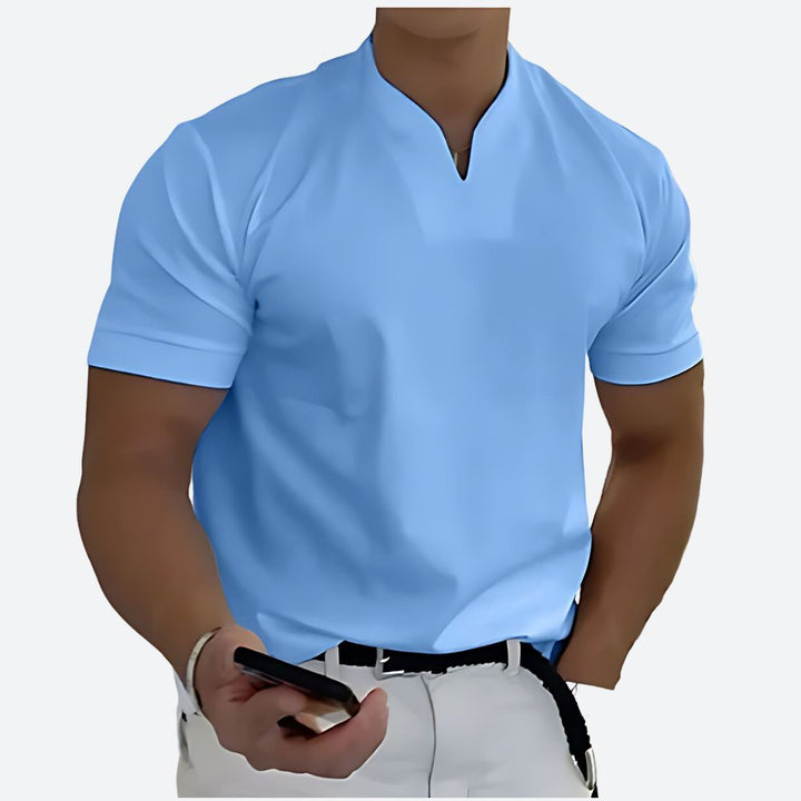 T-shirt Homme Col Tunisien Fendu – Manches Courtes – Look Chic Décontracté – Tissu Léger & Confortable