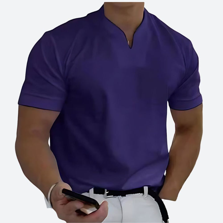 T-shirt Homme Col Tunisien Fendu – Manches Courtes – Look Chic Décontracté – Tissu Léger & Confortable