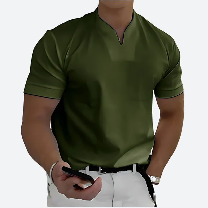 T-shirt Homme Col Tunisien Fendu – Manches Courtes – Look Chic Décontracté – Tissu Léger & Confortable