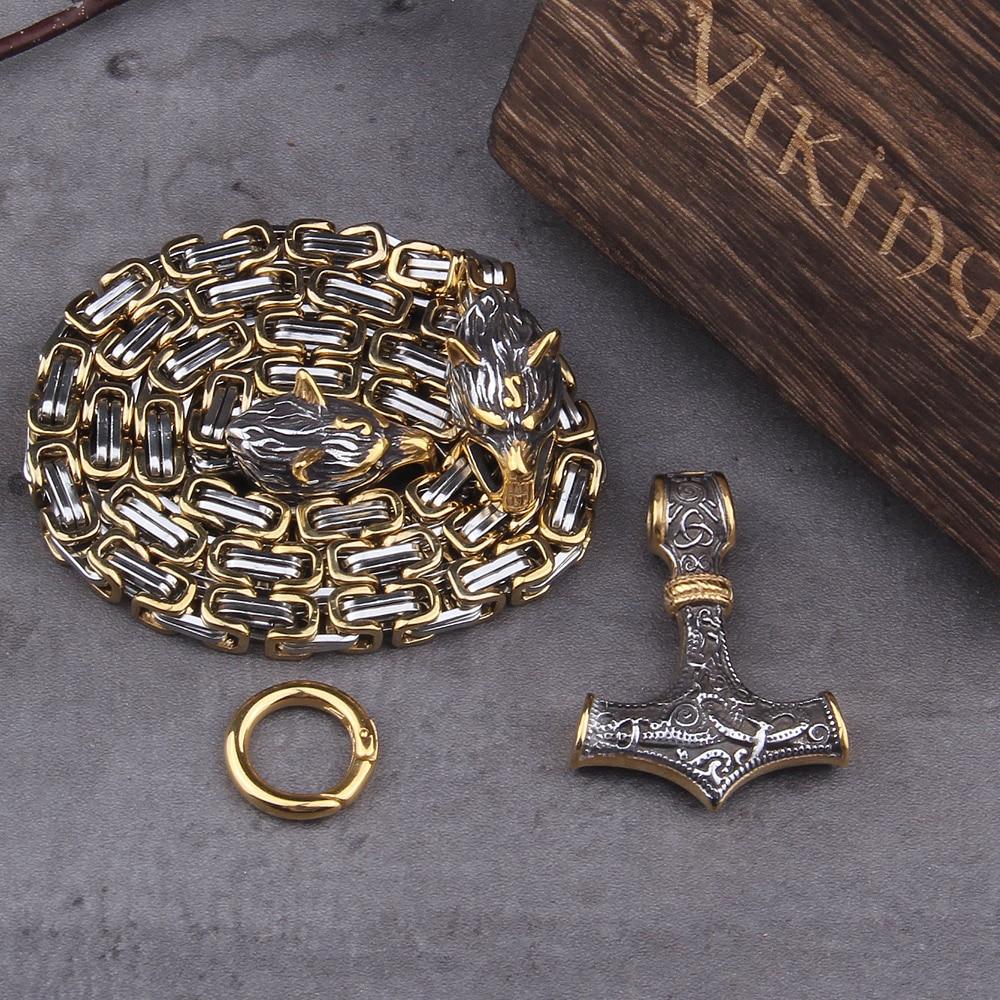 Stainless steel necklace/bracelet 60-90 cm Double wolf head & Mjolnir Survival spirit