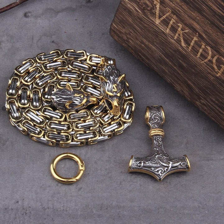 Stainless steel necklace/bracelet 60-90 cm Double wolf head & Mjolnir Survival spirit
