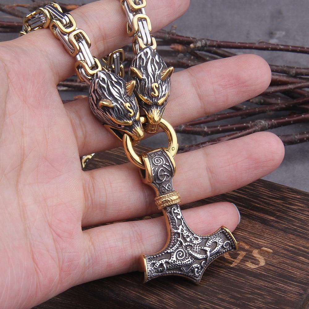 Stainless steel necklace/bracelet 60-90 cm Double wolf head & Mjolnir Survival spirit