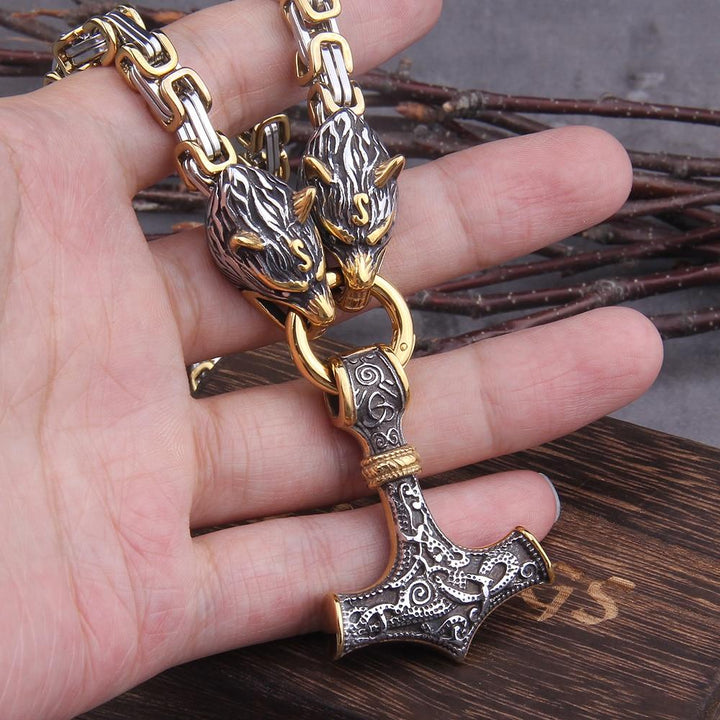 Stainless steel necklace/bracelet 60-90 cm Double wolf head & Mjolnir Survival spirit