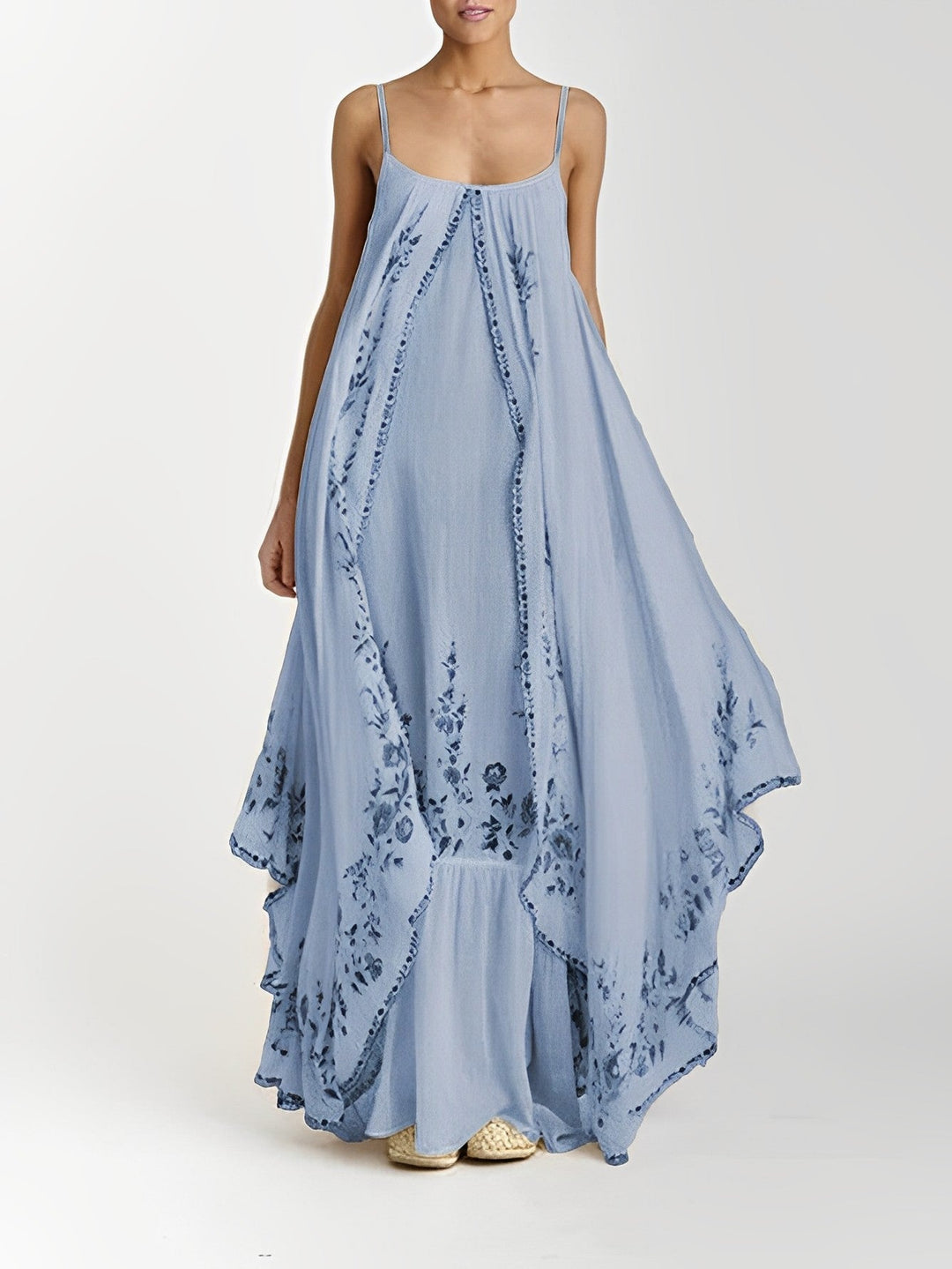 Robe Longue Bohème Femme – Bretelles Fines & Superposition Fluide – Broderies Florales Artisanales