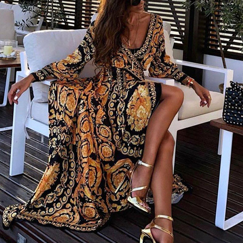 Abito lungo donna con stampa barocca – Spacco, scollatura profonda, stile glamour lusso
