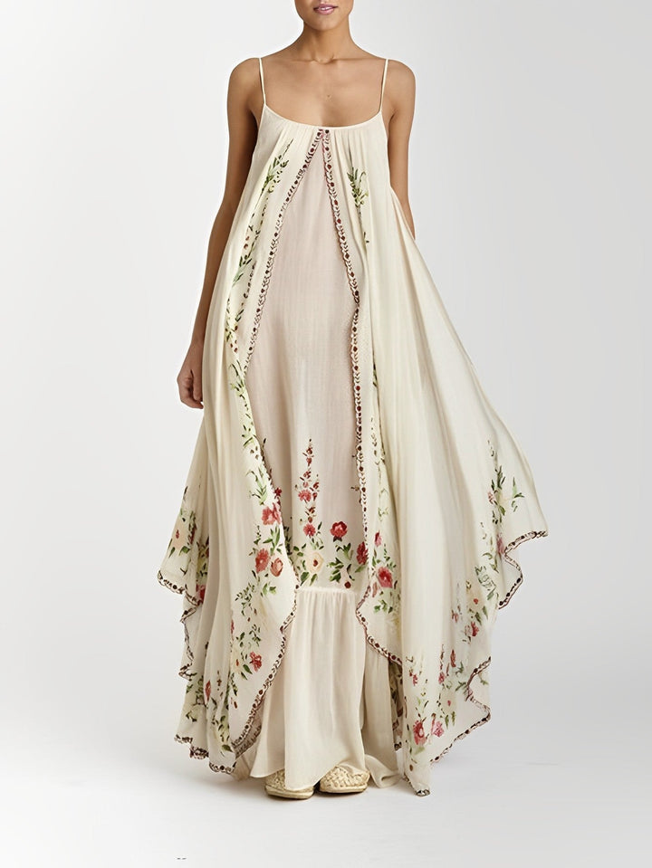 Robe Longue Bohème Femme – Bretelles Fines & Superposition Fluide – Broderies Florales Artisanales