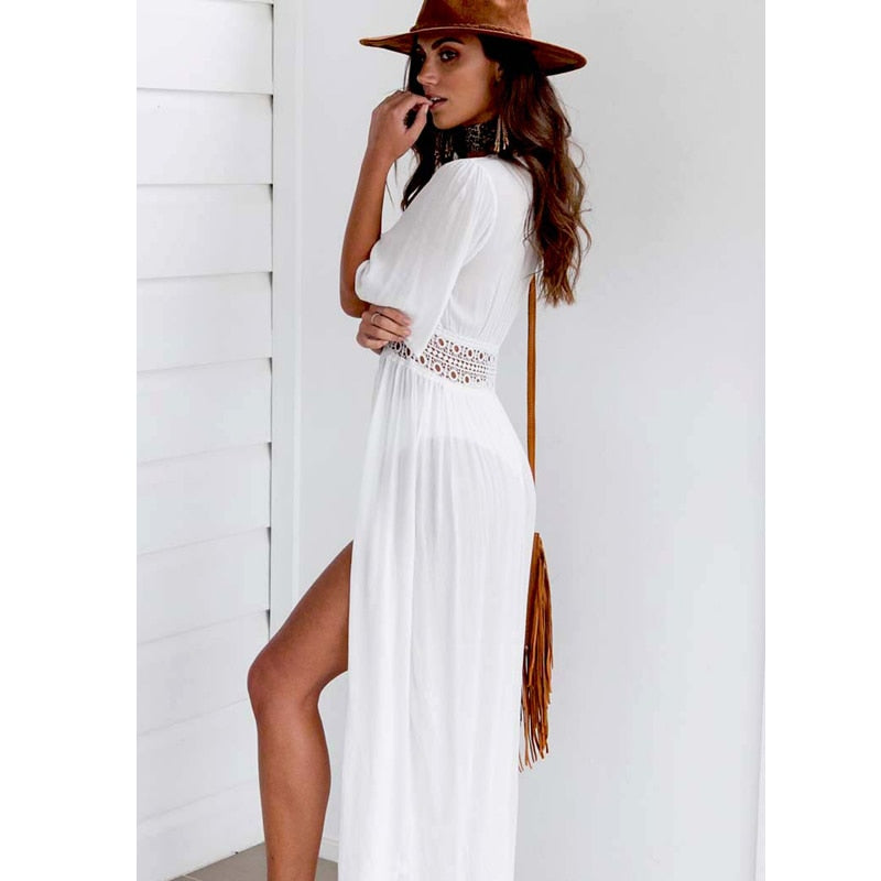 Robe de Plage Longue Femme – Kimono Transparent avec Dentelle et Fente Frontale