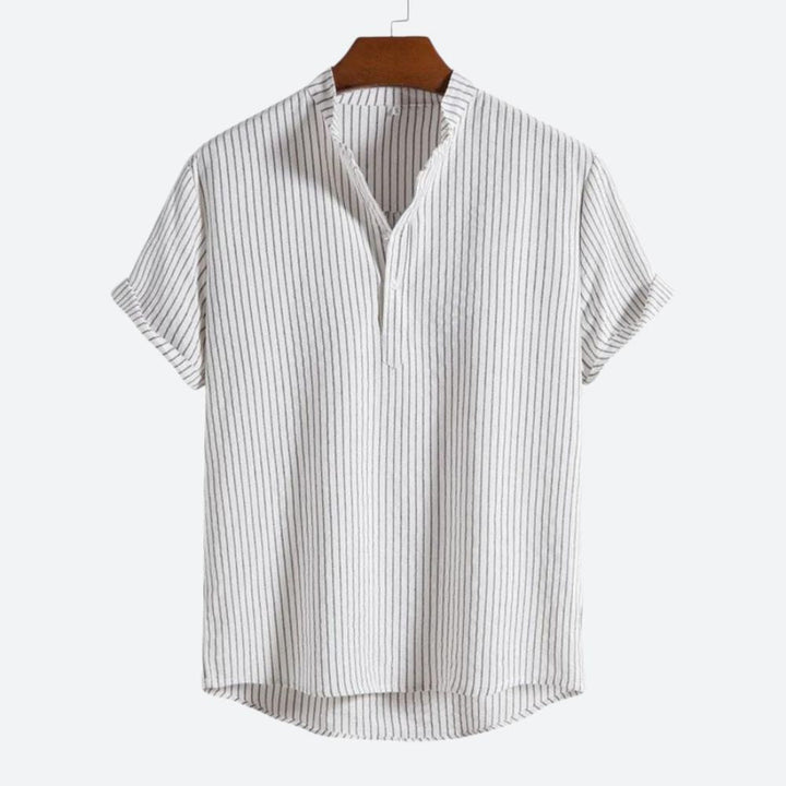 Chemise Homme à Rayures Verticales – Col Mao Boutonné – Manches Courtes – Look Décontracté Chic & Confortable