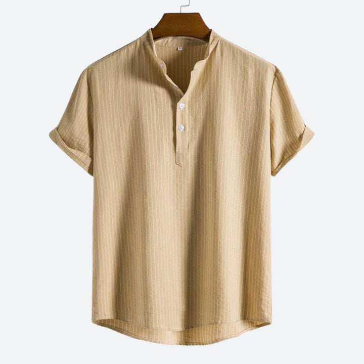 Chemise Homme à Rayures Verticales – Col Mao Boutonné – Manches Courtes – Look Décontracté Chic & Confortable
