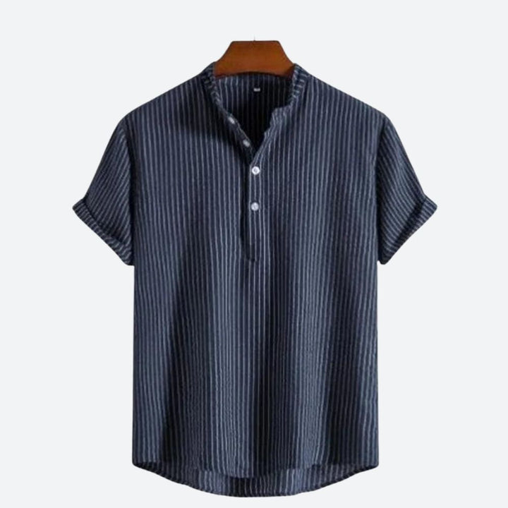Chemise Homme à Rayures Verticales – Col Mao Boutonné – Manches Courtes – Look Décontracté Chic & Confortable