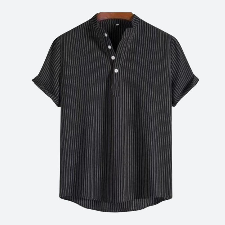 Chemise Homme à Rayures Verticales – Col Mao Boutonné – Manches Courtes – Look Décontracté Chic & Confortable
