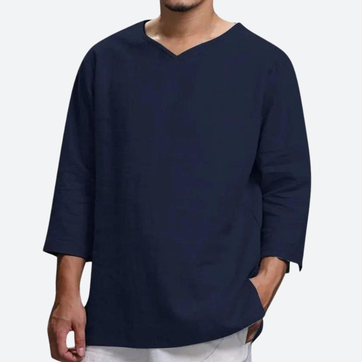 Chemise Décontractée Homme Lin Coton – Manches 3/4, Style Bohème et Confort Estival