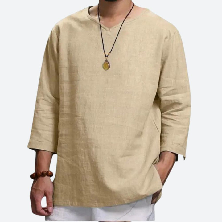 Chemise Décontractée Homme Lin Coton – Manches 3/4, Style Bohème et Confort Estival