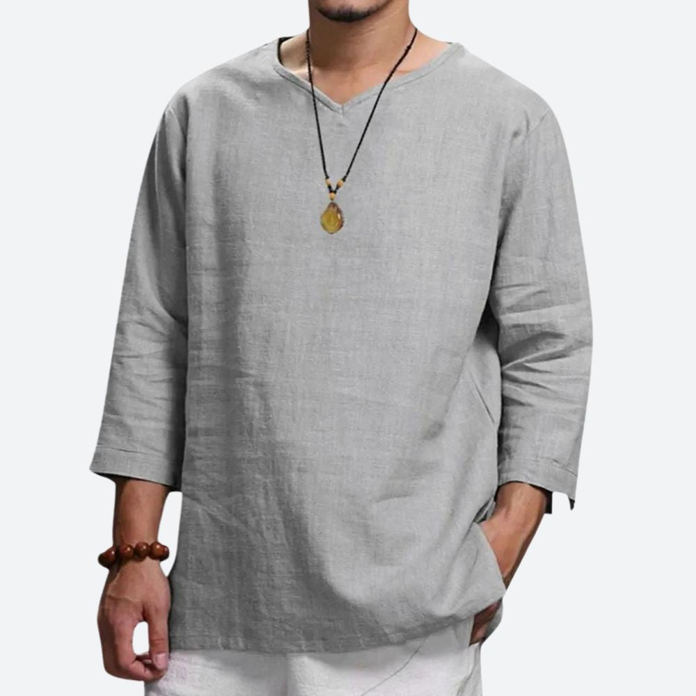 Chemise Décontractée Homme Lin Coton – Manches 3/4, Style Bohème et Confort Estival