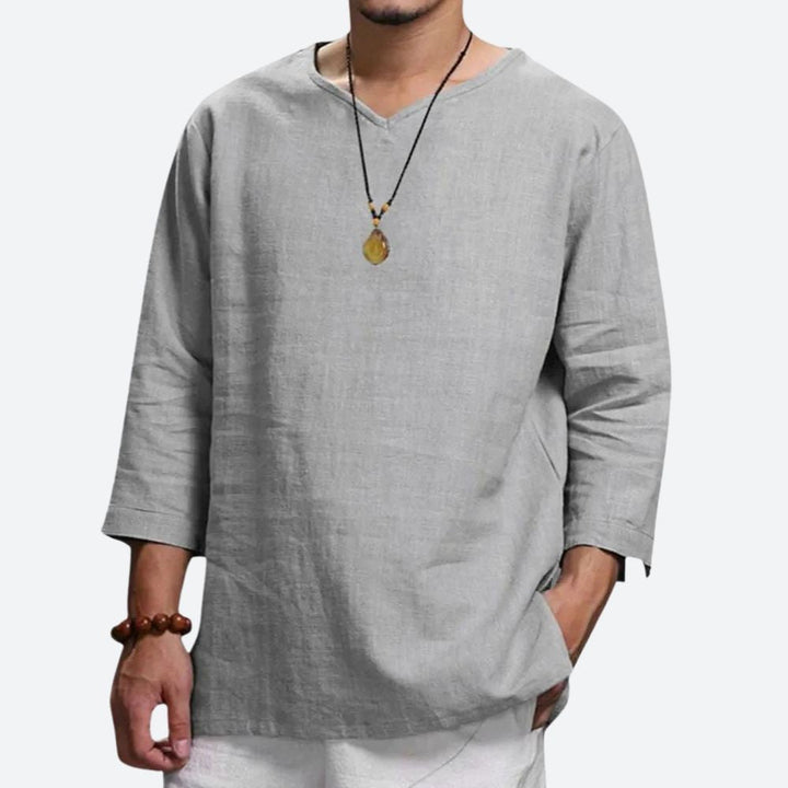 Chemise Décontractée Homme Lin Coton – Manches 3/4, Style Bohème et Confort Estival