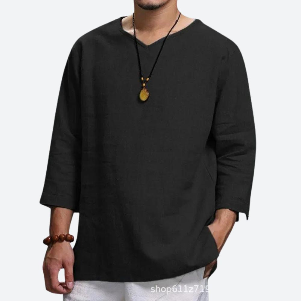 Chemise Décontractée Homme Lin Coton – Manches 3/4, Style Bohème et Confort Estival
