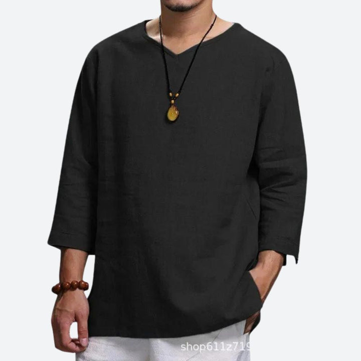 Chemise Décontractée Homme Lin Coton – Manches 3/4, Style Bohème et Confort Estival