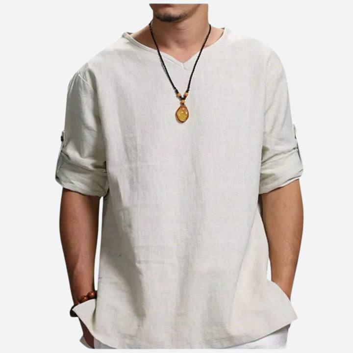 Chemise Décontractée Homme Lin Coton – Manches 3/4, Style Bohème et Confort Estival