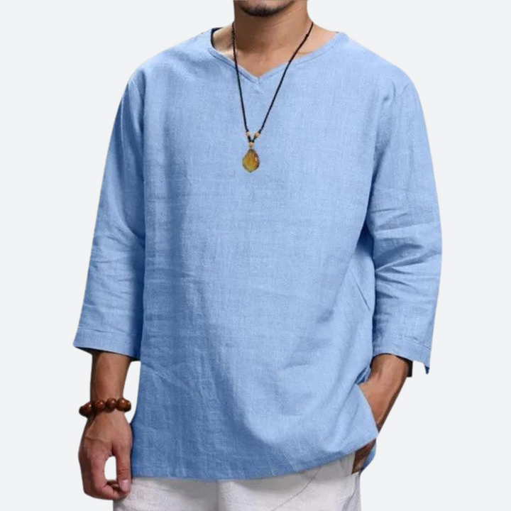 Chemise Décontractée Homme Lin Coton – Manches 3/4, Style Bohème et Confort Estival