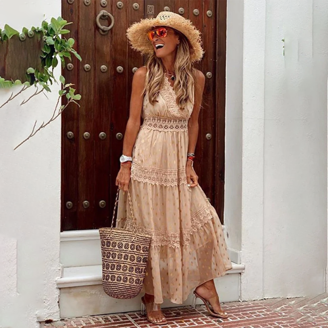Robe Maxi Bohème Femme – Bretelles Dentelle & Jupe Longue à Volants – Parfaite pour l’Été