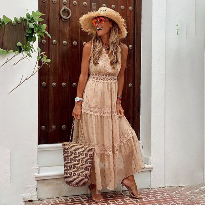 Robe Maxi Bohème Femme – Bretelles Dentelle & Jupe Longue à Volants – Parfaite pour l’Été
