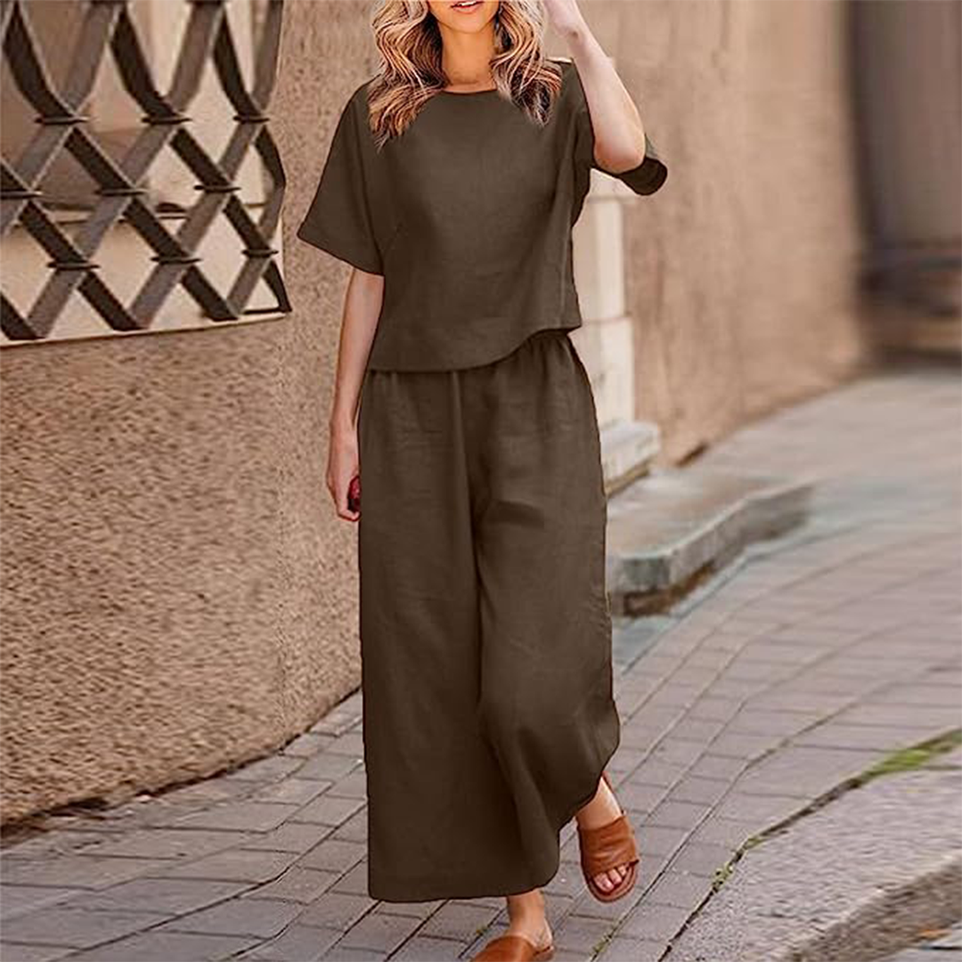 Ensemble Femme Lin Décontracté – Haut Court & Pantalon Large Taille Élastique