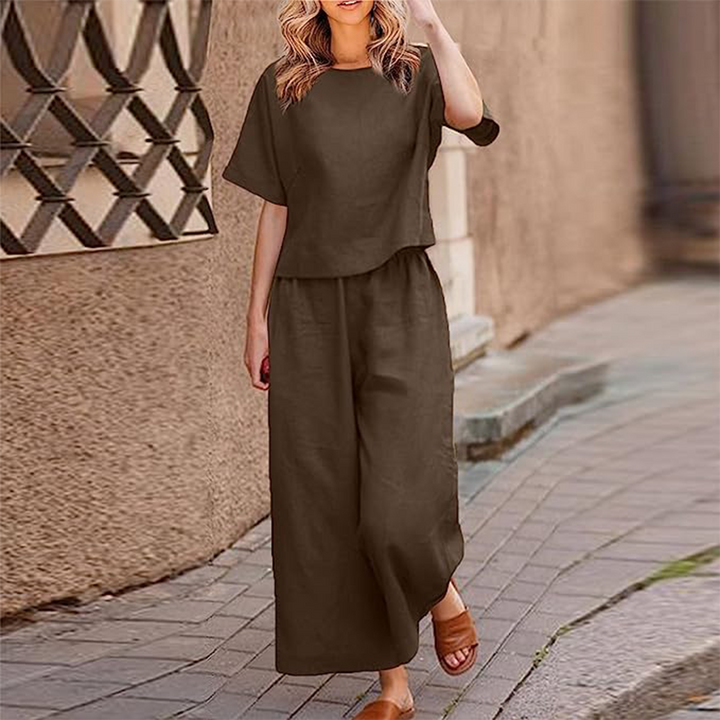 Ensemble Femme Lin Décontracté – Haut Court & Pantalon Large Taille Élastique
