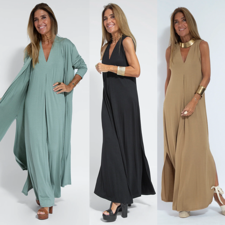 Eva Ensemble Élégance Suprême – Abito Lungo Snellente & Gilet Chic