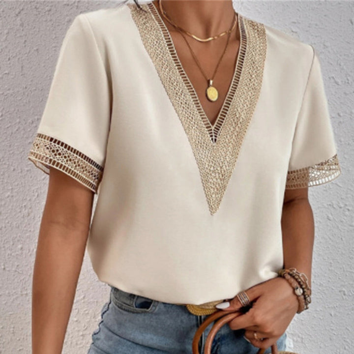 Blouse femme col V en crochet – Chic d'été, manches courtes, style bohème élégant