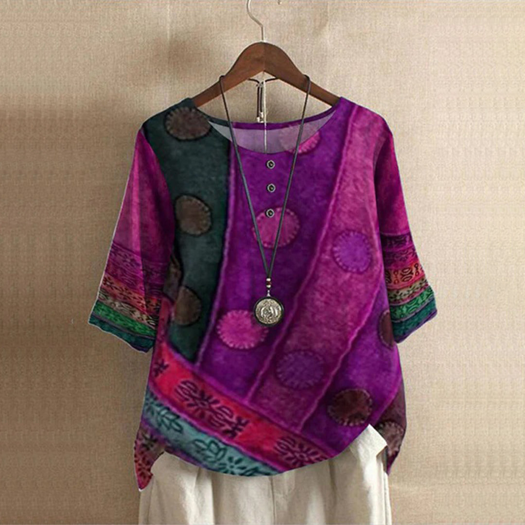 Blouse bohème femme manches 3/4 – Imprimé patchwork ethnique, col rond boutonné