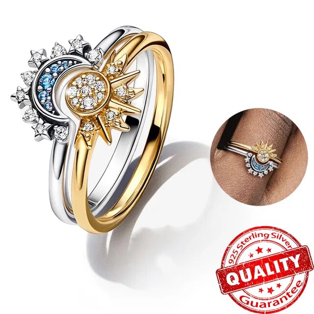 Silver Ring with Sparkling Crystals in Moon and Sun Shape