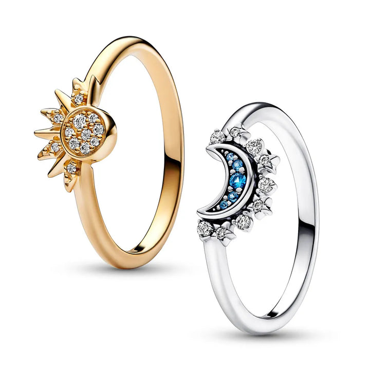 Silver Ring with Sparkling Crystals in Moon and Sun Shape