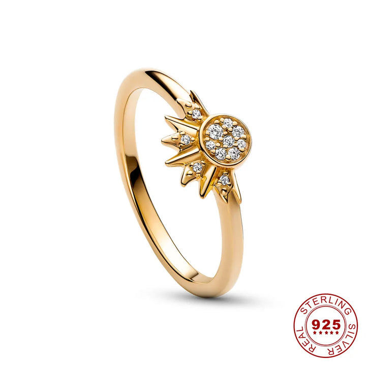 Silver Ring with Sparkling Crystals in Moon and Sun Shape