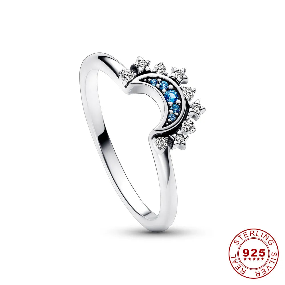 Silver Ring with Sparkling Crystals in Moon and Sun Shape