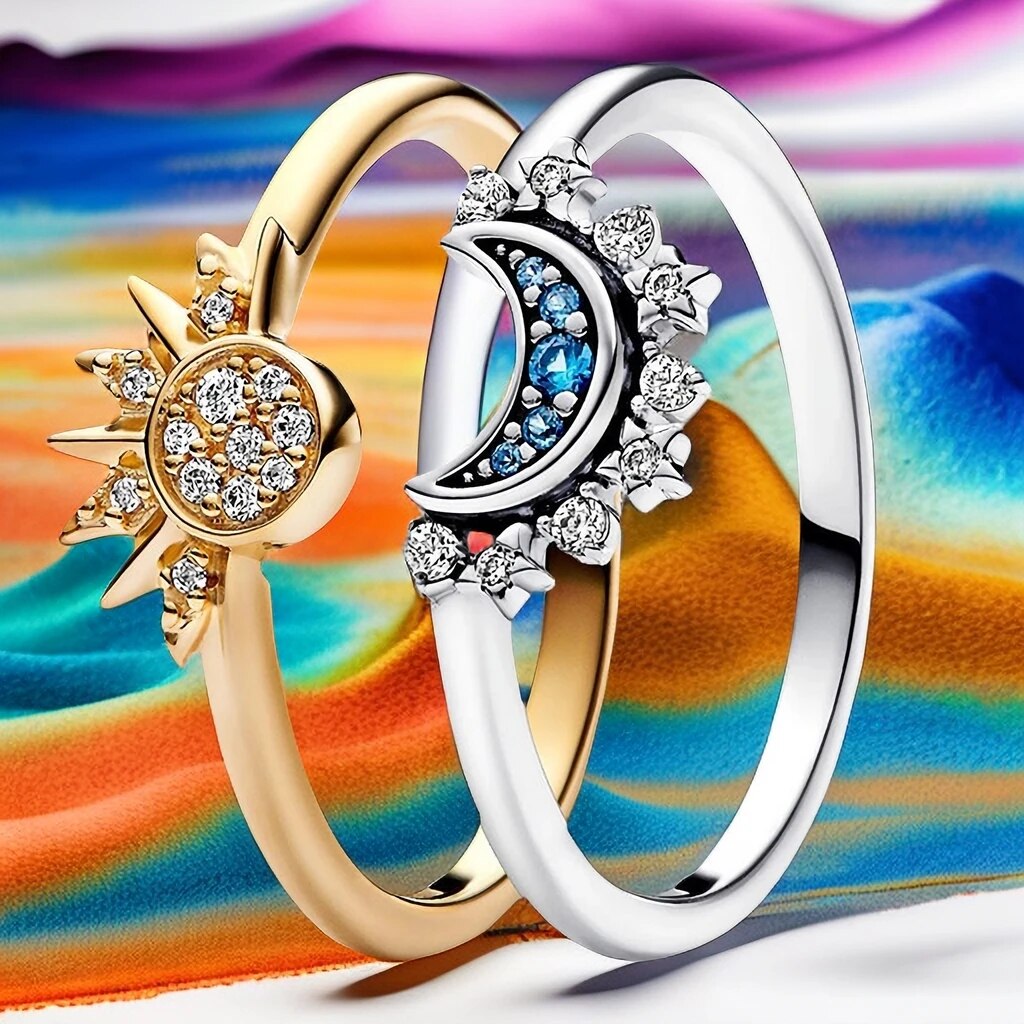 Silver Ring with Sparkling Crystals in Moon and Sun Shape